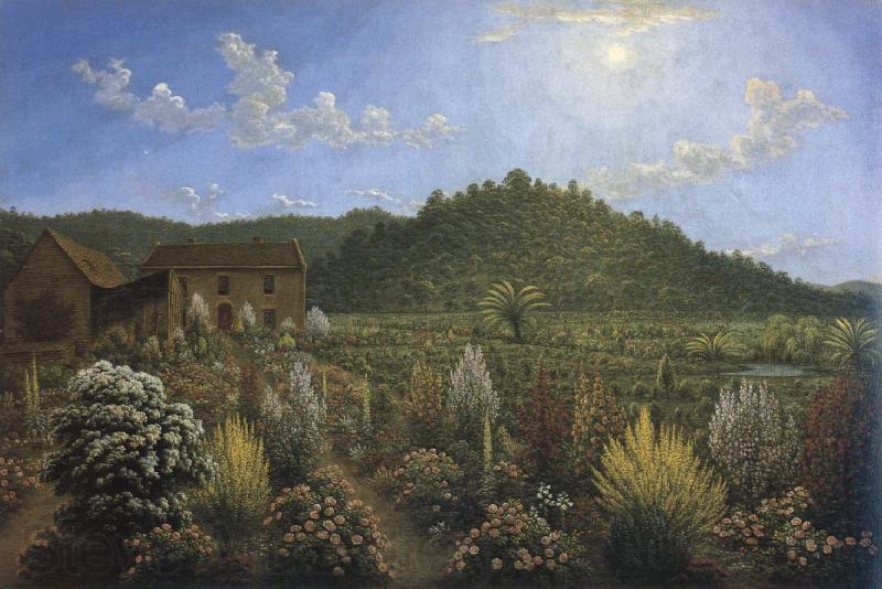 John glover a view of the artist s house and garden in mills plains,van diemen s land